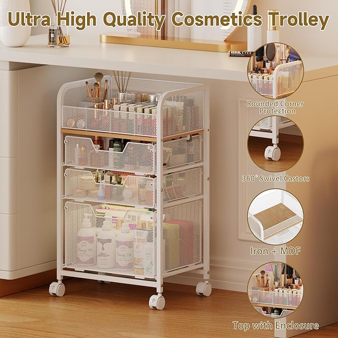 Makeup Cart Organizer with 3 Drawers,Floor Skincare Organizers with Dividers, Vanity Organizer Cosmetics Display Cases Holder for Skin Care Nail Polish Perfume Makeup brush Hair Tool,White