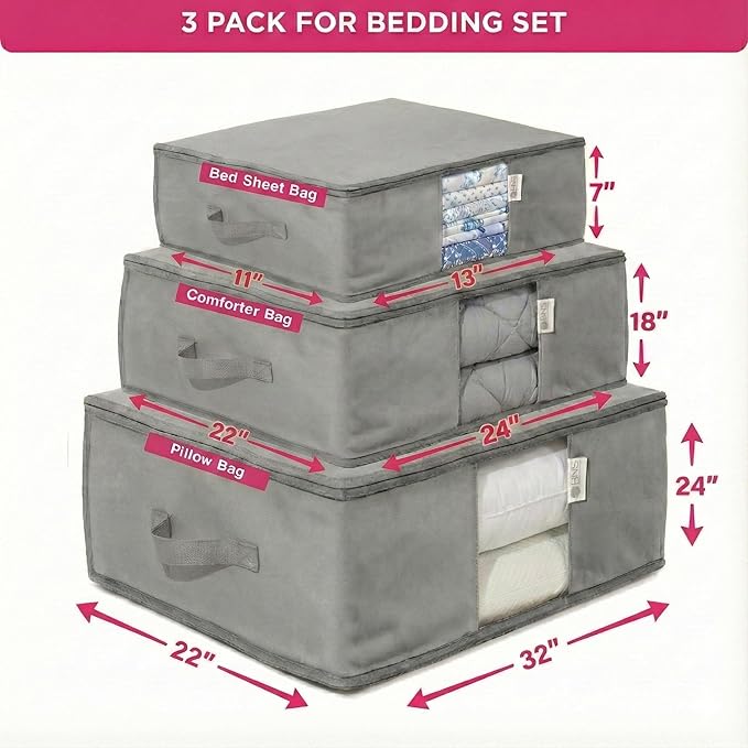 Cedar Storage Bag Organizer for Bedding Set - Protects from Moths, Moisture, Dirt & Dust - Set of 3 Storage Bags for Bed Sheets, Comforter, Pillows & More - Space-Saving Bedding Organizer, Gray