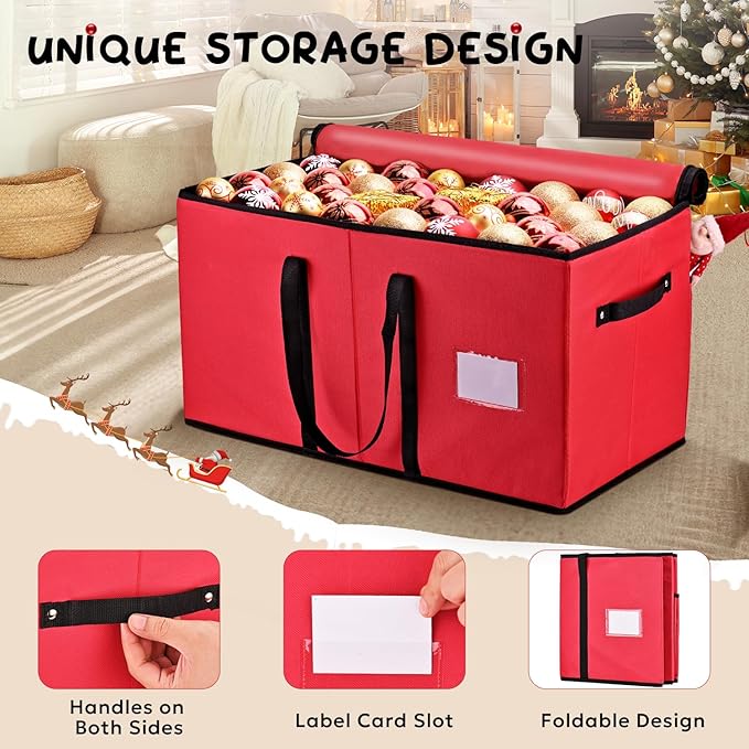 Mrrihand Christmas Ornament Storage Box, Ornament Storage Container with 8 Trays-Xmas Decoration Organizer Keeps 128 Holiday Ornaments 3-Inch, Dual Zipper Closure, 600D Tear-Proof（Red）