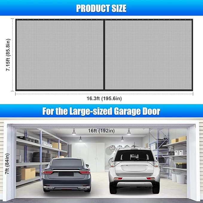 Sliding Garage Door Screen 16x7FT for 2 Car Garage Doors, Magnetic Garage Screen Door with Track Closure, Thicker 265g/㎡ Mesh, 16x7Ft Retractable Garage Door Screen(Patent has Been published)