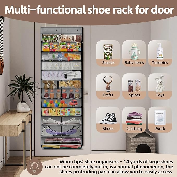 PAULONE 12 Pocket Over the Door Shoe Organizer,Reusable Breathable Large Mesh Bag Men's & Women's Sneaker Organizer,Shoe Organizer for Kids,Hanging Shoe Storage Hanging Bag (Gray)