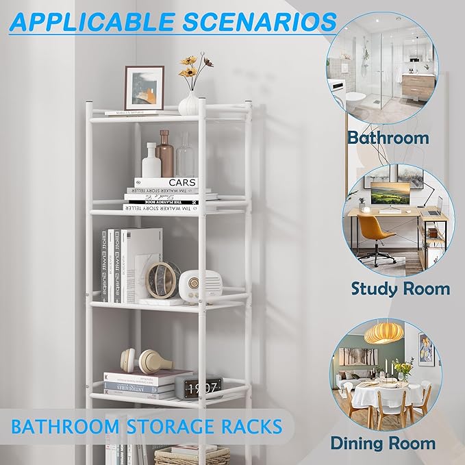 5 Tier Bathroom Storage Open Shelf Unit, Free-Standing Metal Corner Rack Shelving for Kitchen, Living Room, Hallway (White, Wider 5 Tier)