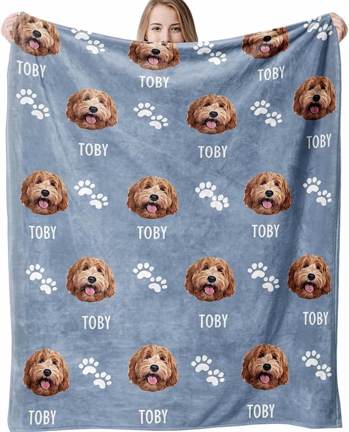Custom Blanket with Dogs Pictures & Name Personalized Funny Dog Face Throw Blankets Soft Warm Plush Fleece Customized Blanket for Couch Bed Sofa Gifts for Dog Dad Mom Birthday Christmas
