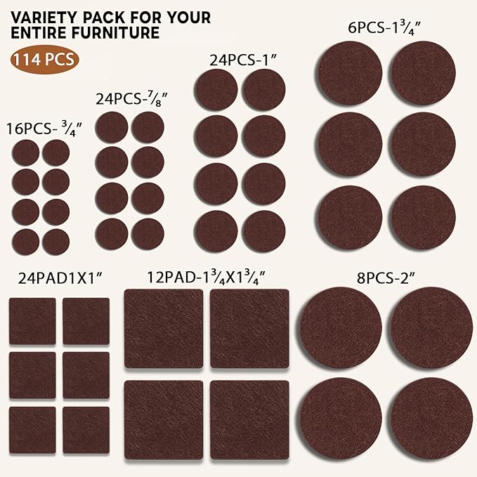 Felt Furniture Pads 114 PCS, 7 Sizes, Felt Pads for Chair Legs, Suitable for Round and Square Chair Legs, to Prevent Scratches, Reduce Noise and Protect The Floor (Brown)