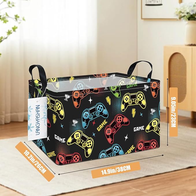 LANGYASHAN Rectangular Storage Bin Collapse Canvas Fabric Cartoon Storage Basket with Handles for Organizing Home Kitchen Boys and Girls Toys Office Closet Shelf Baskets (Rec Game)