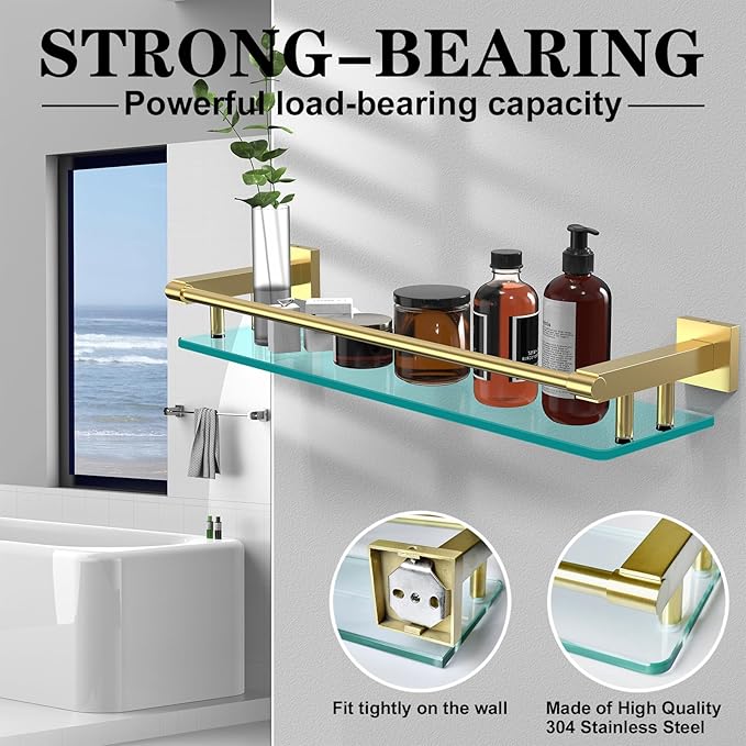 Glass Shelf for Bathroom, 20 Inch Tempered Glass with Brushed Gold Stainless Steel Railing, Floating Glass Shelves Sink Over Toilet Modern Bathroom