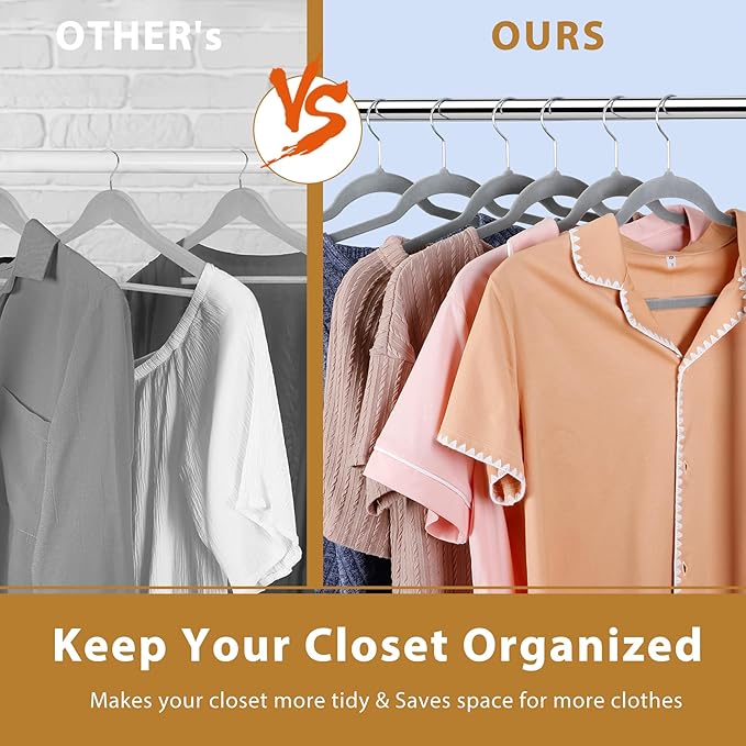 SUPER DEAL Velvet Hangers 100 Pack, Premium Clothes Hanger Slim Non-Slip Notched for Suit Coat Pants, Dress 360 Degree Swivel Space Saving Heavy Duty for Closet, Grey