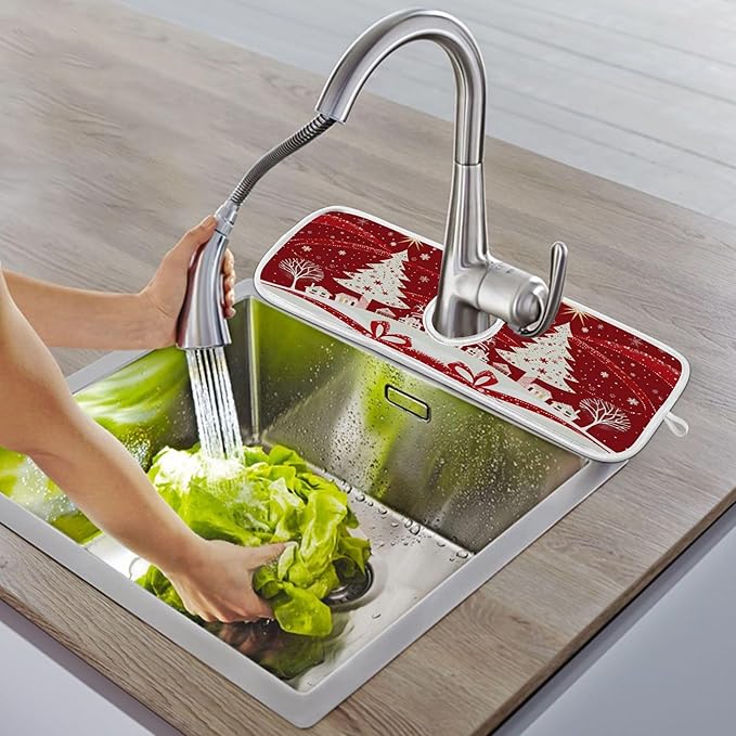 2 Pack Faucet Splash Catcher Christmas Tree Sink Mat for Faucet Absorbent Kitchen Splash Guard Drip Catcher for Farmhouse Barthroom Bar, L