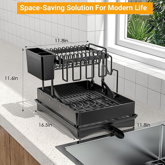 Large Dish Drying Rack,Dish Rack 2 Tier,Dish drainers for Kitchen Counter with Cup Chopping Board Cutlery Holder,Anti-Rust Collapsible 16.5" L x 11.8" W Black