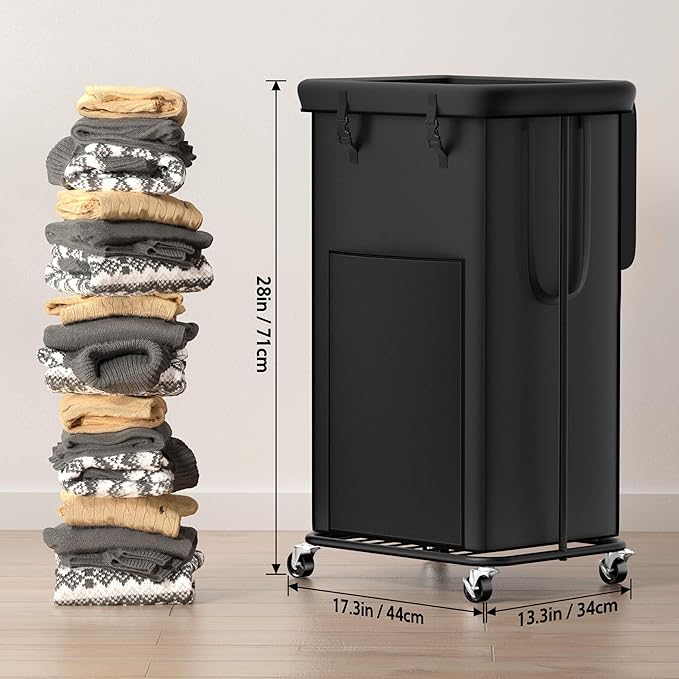 100L Large Laundry Hampers with Lid, Oxford Fabric Laundry Hampers Clothes Hampers, Metal Frame and Removable Bag Design with Wheels, Suitable for Bedroom, Bathroom (100L Black&Lid, 100L)