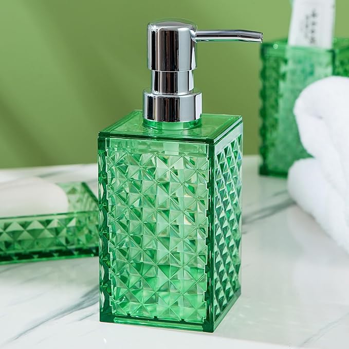 Bathroom Accessory Set, 4 PCS Green Bathroom Accessories Sets, Diamond Pattern Bathroom Soap Dispenser and Toothbrush Holder Sets Accessories Contain Soap Dish Tumbler, Boho Bathroom Décor