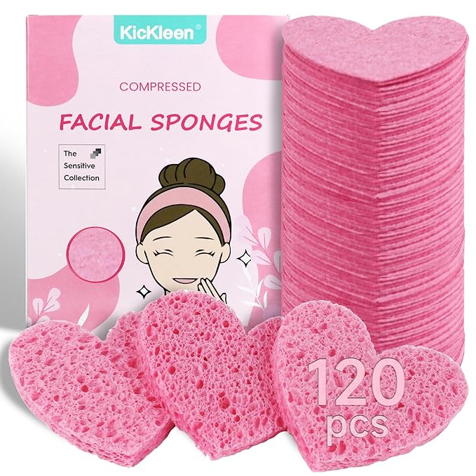 120-Count Kickleen Compressed Cellulose Heart Shape Facial Sponges | Natural Cosmetic Spa Sponges for Facial Cleansing | Exfoliating | Makeup Mask Removal | Reusable | Skin Massage (120 Count (Pink))