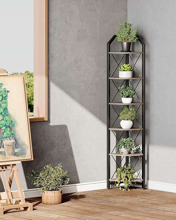 6-Tier Corner Shelf, Industrial Corner Bookshelf, 71.2" Corner Storage Stand, Plant Stand Display Shelf, Corner Bookcase for Bedroom, Living Room, Home Office, Greige and Black TCJ11BG