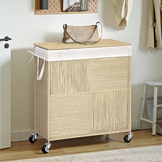WOWLIVE Double Laundry Hamper with Lid, Handwoven Rolling Laundry Basket with Wheels, 115L Dirty Clothes Hamper with Removable Liner Bag Large Laundry Sorter Laundry Room Organization,Light Beige