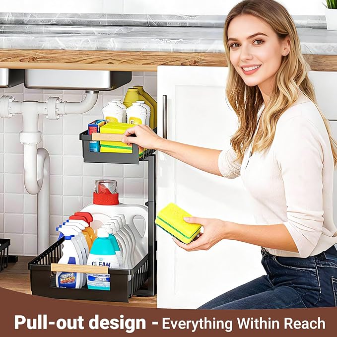 GUUKAR Under Sink Organizer 2-Pack Pull out Cabinet Organizer 2 Tier Metal Shelf Undersink Rack for Kitchen Bathroom Pantry Cabinet Organization and Storage, Black