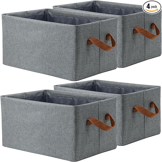 4 Pcs Fabric Storage Bins, Organization Baskets for Shelves, 15" Linen Closet Organizer with Handles, Metal Frame, Natural Color, Shelves Basket for Organizing, Gray