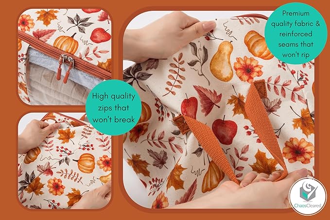 Chaos Cleared Canvas Storage Bags Designer Organizer 2 Pack – Seasonal Storage for Sweaters, Blankets, Linens & Garments – Foldable Design with Zip & Window, Moth-Proof Space Saver, Autumn Print