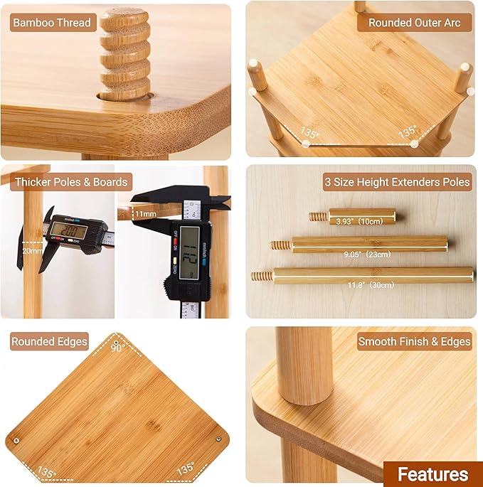 2-Tier Expandable Bamboo Corner Shelf - Dish/Plate Organizer for Cabinet, Kitchen Counter Shelf & Small Kitchen Shelf, Adjustable (1, 6.7" H)