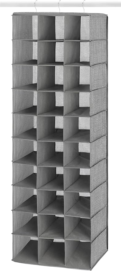 Whitmor 30 Sections Hanging Clothes Closet Organizer, Space Saving Breathable Fabric Shoe Storage for Bedroom, Laundry, Dorm, Crosshatch Gray