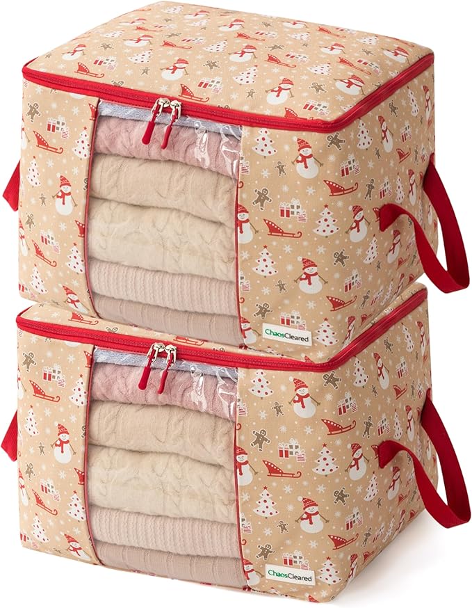 Chaos Cleared Canvas Storage Bags Designer Organizer 2 Pack – Seasonal Storage for Sweaters, Blankets, Linens & Garments – Foldable Design with Zip & Window, Moth-Proof Space Saver, Snowman Print