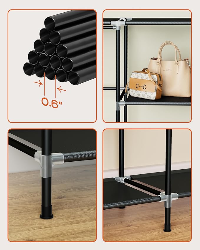 Portable Closet, 66.9 Inch Large Capacity Wardrobe Closet with Cover, Clothes Storage Organizer with Shelves and 4 Hanging Rods, Easy to Assembly, Black PCT204B01
