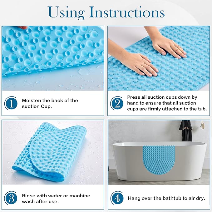 Joiyota Silicone Bathtub & Shower Mat Non Slip, Bubble Massage Anti Slip Shower Floor Mat with 27 x 15 Inches for Easy Storage, Machine Washable Bath Mat for Tub with All Ages, Blue, Oval