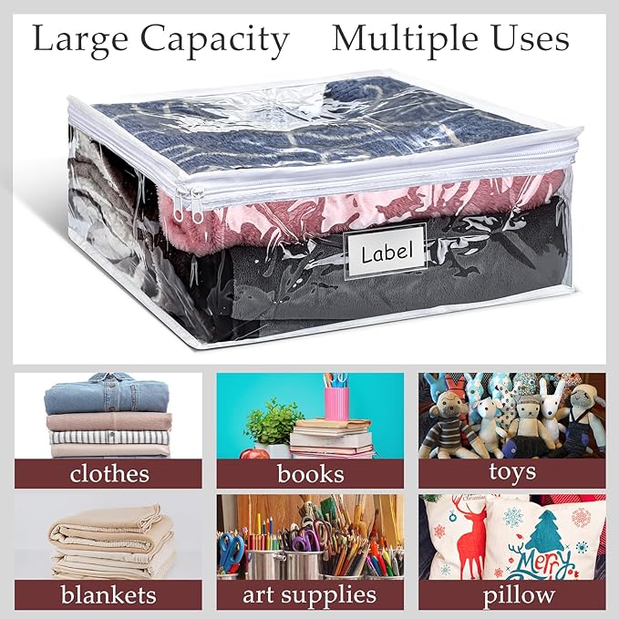 Hoolerry 6 Pieces Sweater Storage Bags Plastic Clear PVC Clothes Storage Bags with Zipper and Label for Blankets Clothes Closet Quilt Pillow Bed Sheet Organizer(23.6 x 19.7 x 9.8 Inch)