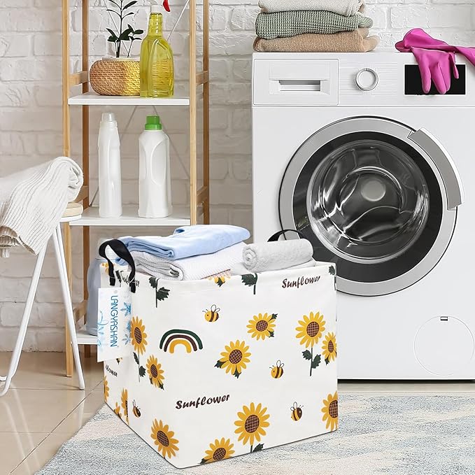 LANGYASHAN Square Storage Baskets Waterproof Canvas Children Laundry Nursery Hamper for Shelves Gift Baskets Toy Organizer Room Decor (Square Sunflower)