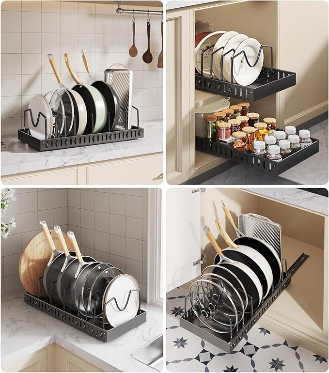 Pull Out Pots and Pans Organizer Under Cabinet, Sliding Lid Holder and Pan Rack in Kitchen, Slide Out inside Cabinet Storage for Pot Lid, Bakeware, Dishes, 8 Adjustable Dividers, 1 Pack Black