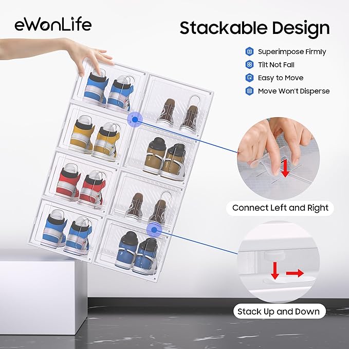 eWonLife Large Shoe Organizer Storage Box with Magnetic Door,12 Pack Clear Plastic Stackable Sneaker Containers for Closet, Connect Left and Right Shoe Box for Entryway, Drop Front, Under Bed (White)