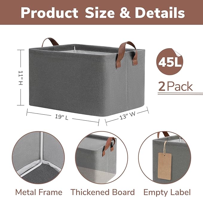 CHICVITA Storage Baskets for Shelves, 19" x 13" x 11" Fabric Storage Bins with Metal Frame Handles, Extra Large Closet Storage Baskets for Organizing, Gray, 2-Pack