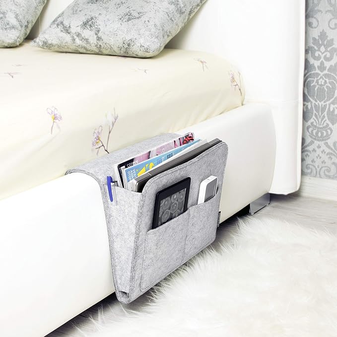 Lib Bedside Caddy, Original Design | Large Size 9.5" x 13.5" | Laptop Holder | 100% Handmade | College Room, Kids Bunk Bed, Hospital Bed | Night Hanging Storage Organizer (Light Gray)