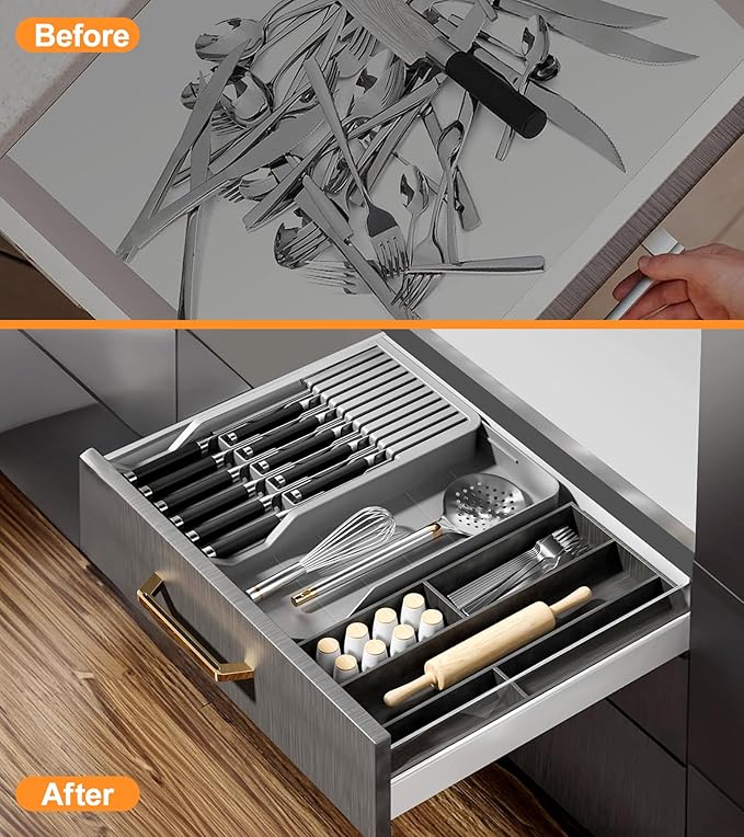 Kitchen Knife Drawer Organizer Grey, In Drawer Knife Block Holder with Expandable Cutlery Tray Compact Organization Drawer Storage Holds Up To 11 Knives (Including Hooks&Sponges)
