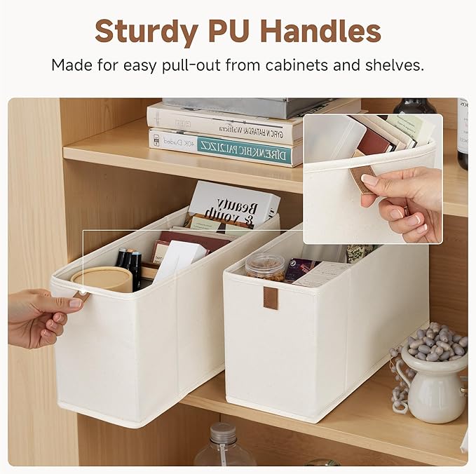 StorageWorks Fabric Storage Bins, Small Storage Bins with PU Handle, Decorative Narrow Baskets for Shelves, Ideal for Organizing Clothes, Toys, and Books, Beige, 4-Pack