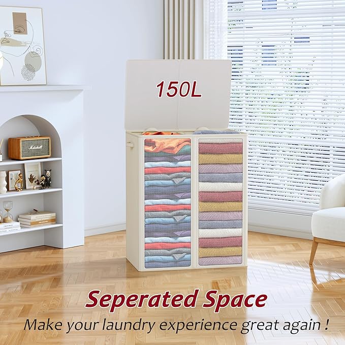 150L Laundry Hamper 2 Section, Large Laundry Hamper with Lid, Dirty Clothes Hamper with 2 Removable Inner Bags, Collapsible Laundry Basket Organizer for for Clothes Toys Towels, Hamper 2 Compartment