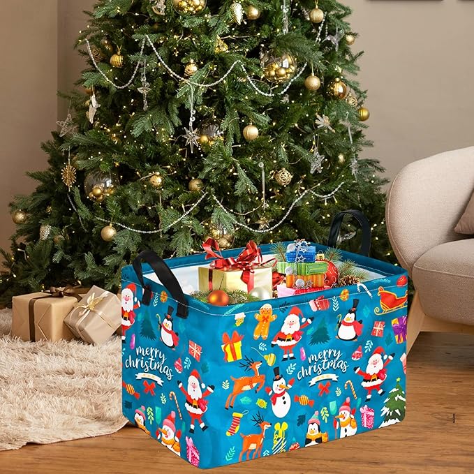 Christmas Basket for Kids Gingerbread Santa Claus Snowman Storage Baskets Collapsible Nursery Hamper Waterproof Clothes Toy Bin Book Shelf Gift Basket Cube Xmas Party Decor