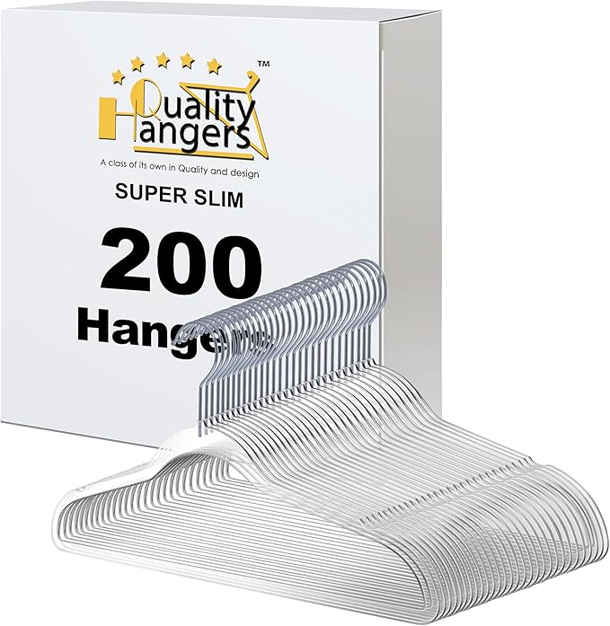 Quality Hangers Clear Plastic Hangers for Clothes | Multi Pack - Heavy Duty Hangers Space Saving Crystal Acrylic | 360 Degree Swivel Hook and Notches | 16.5 Inch (Clear, 200)