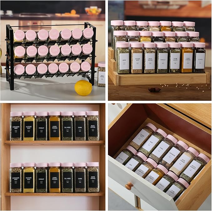 48 Glass Spice Jars with Labels,Spice Jar Set,4oz Seasoning Containers,Spice Containers with Pink Airtight Lids and Shaker Lids,Square Empty Spice Bottles, 492 Labels,1 Funnel