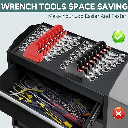 48PCS Tool Magnetic Wrench Organizer,Customizable Magnet Modular Tool Organizer for Tool Drawers - Wrench Rack with Metric&SAE Labels-Perfect Tool Storage Holder-Ideal Gift Choice -Black with Magnets