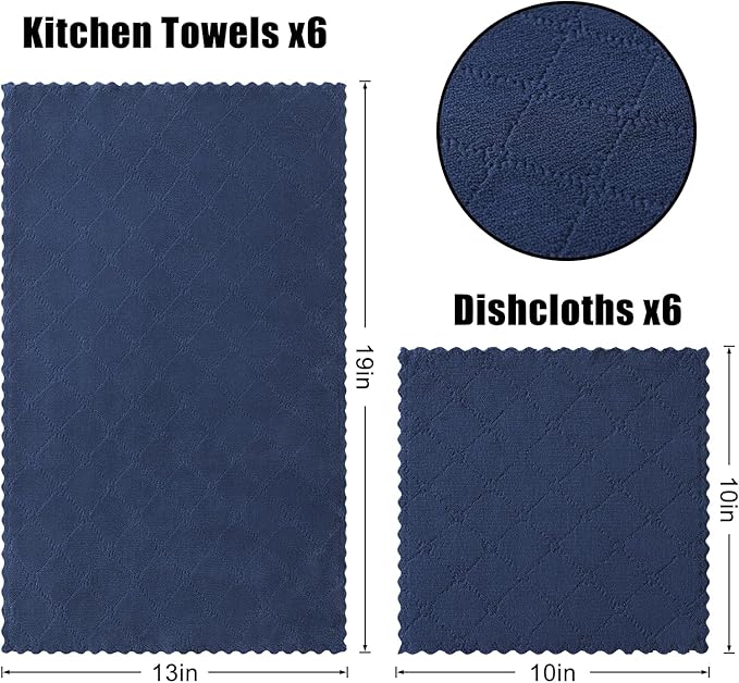 Homaxy Kitchen Towels and Dishcloths Set, 10 x 10 and 13 x 19 Inches, Set of 12 Super Soft and Absorbent Coral Velvet Kitchen Towels, No Lint and Nonstick Oil Fast Drying Dish Towel, Navy Blue