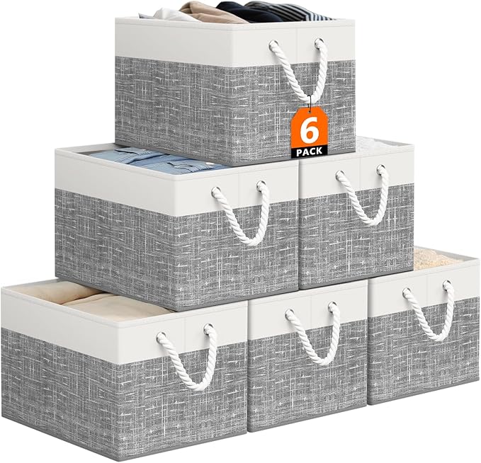 Storage Bin,Collapsible Storage Basket For Organizing,Large Storage Boxes With Rope Handles,Storage Containers,White & Grey,6 Pack