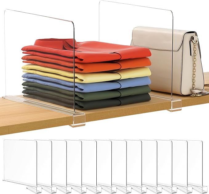 Famyards 12 Pack 12 Inches [Extra Tall Version] Clear Shelf Dividers for Organization, Acrylic Closet Shelf Vertical Shelves Organizer for Bedroom, Kitchen and Office