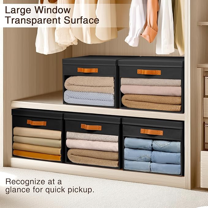 Large Storage Bins with Lids - 4 Pack Foldable Decorative Organizers with Clear Windows & Handles, Cube Storage Organizers for Clothes, Blankets, Sweaters, Sheets, Black