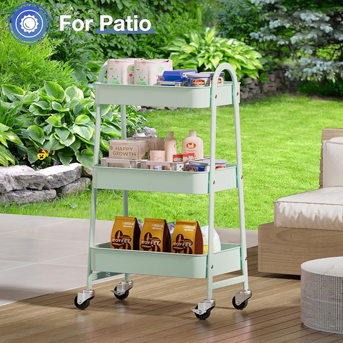 OLIXIS 3 Tier Utility Rolling Cart with Lockable Caster Wheels, Metal Mobile Storage Shelf, Organization for Livingroom, Bathroom & Narrow Places, Pale Green