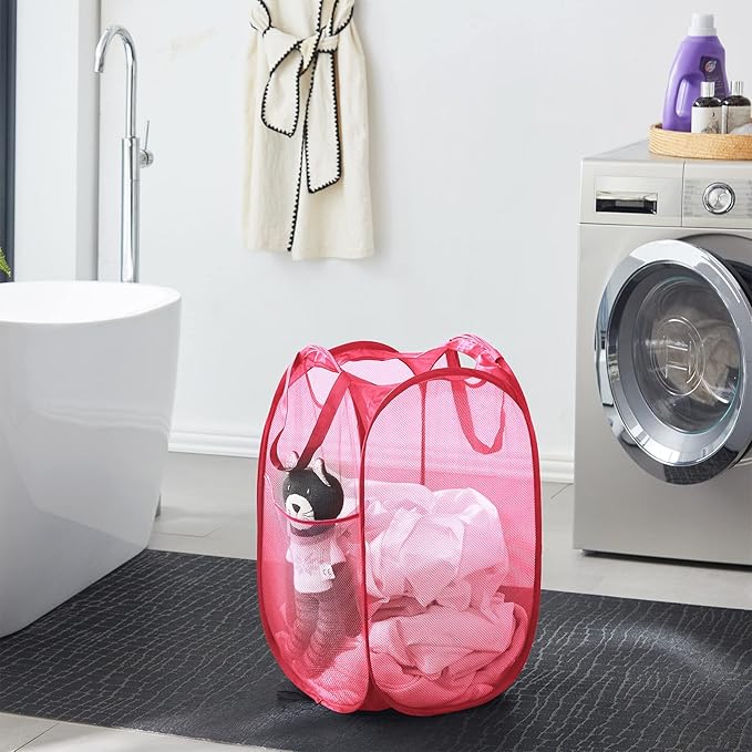 TECHMILLY Collapsible Mesh Pop Up Laundry Hamper with Sturdy Handles and Side Pocket - Portable Foldable Clothes Baskets for Dorm, Bathroom & Travel Storage (Pink)