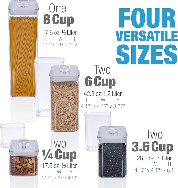Set of 7 Airtight Food Storage Containers - Pantry Organizer Bins, BPA Free Plastic Containers plus Dry Erase Marker and Labels, White
