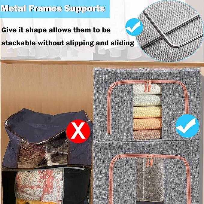 SWEERI Extra Large Clothes Storage Bins with Metal Frame, Foldable Organizer for Home Organization, 2-Way Zipper, Clear Window Storage Bags for Clothes, Bedding, Seasonal Storage, 100L x 3Pack