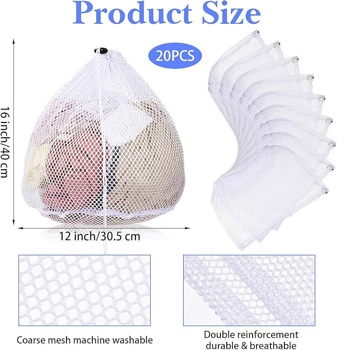 20 Pieces Drawstring Laundry Bags White Mesh Bags 12 x 16 Inch Large Mesh Gift Dishwasher Bag with Sliding Drawstring for Kitchen Gifts Home
