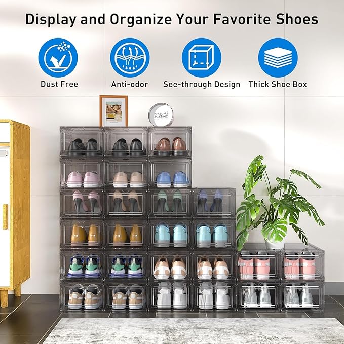 JWQ 10 Pack Extra XX Large Hard Plastic Clear Stackable Shoe Storage Box Organizer for Closet, Thicken Sturdy Sneaker Shoe Rack Display Case Containers Bins with Lids and Magnetic Door, Grey