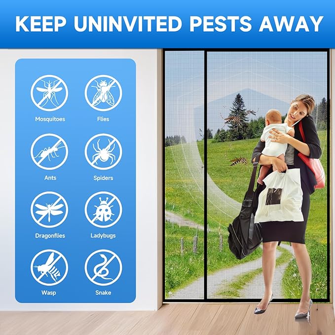 Magnetic Screen Door Mesh Left Right Side Opening Upgraded PET Material Mesh Stronger Than Fiberglass and Polyester,Keep Bugs Out,Pet & Kid Friendly,Hands Free,Fit Door Size 80" X 96"